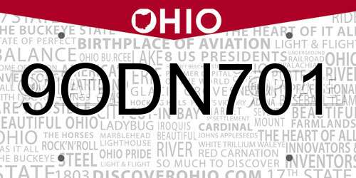 9ODN701 Ohio License Plate