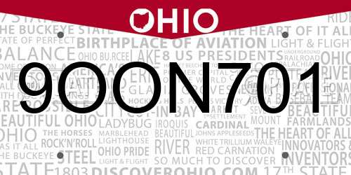 9OON701 Ohio License Plate