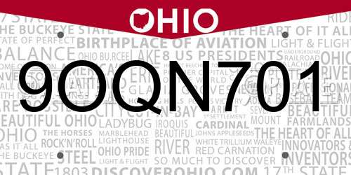 9OQN701 Ohio License Plate