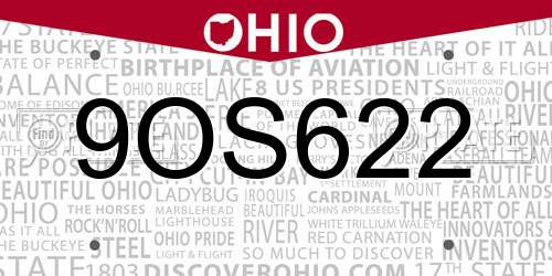 9OS622 Ohio License Plate