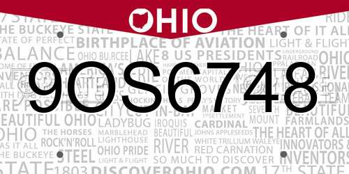 9OS6748 Ohio License Plate