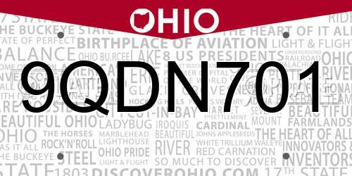9QDN701 Ohio License Plate