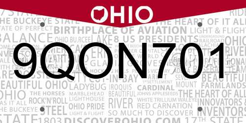 9QON701 Ohio License Plate