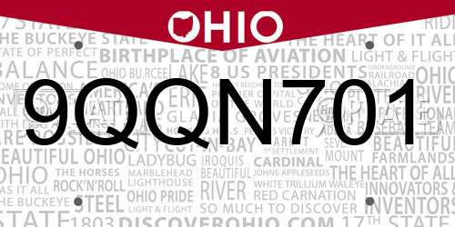 9QQN701 Ohio License Plate