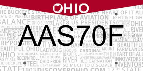 AAS70F Ohio License Plate