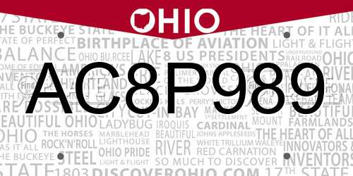 AC8P989 Ohio License Plate