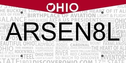 ARSEN8L Ohio License Plate