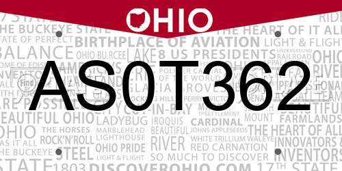 AS0T362 Ohio License Plate
