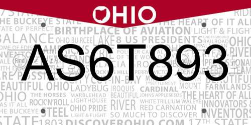 AS6T893 Ohio License Plate