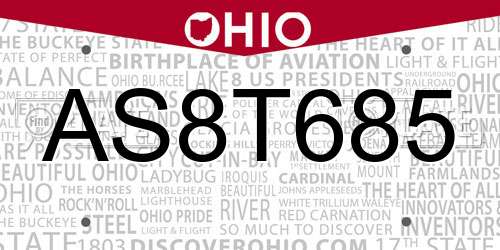 AS8T685 Ohio License Plate