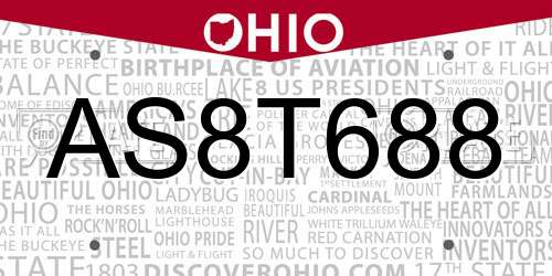 AS8T688 Ohio License Plate