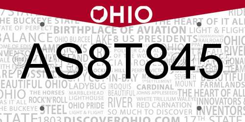 AS8T845 Ohio License Plate