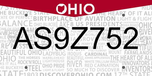 AS9Z752 Ohio License Plate