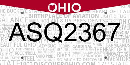ASQ2367 Ohio License Plate
