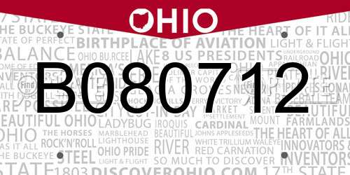 B080712 Ohio License Plate