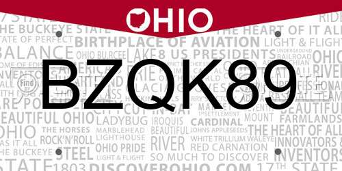 BZQK89 Ohio License Plate