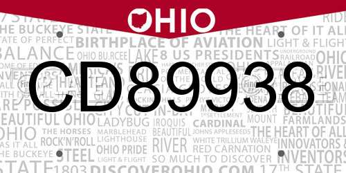 CD89938 Ohio License Plate