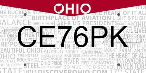 CE76PK Ohio License Plate