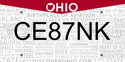 CE87NK Ohio License Plate