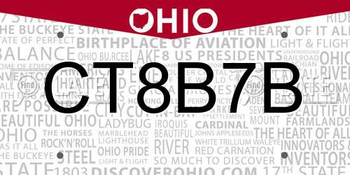 CT8B7B Ohio License Plate