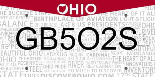 GB5O2S Ohio License Plate