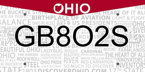 GB8O2S Ohio License Plate