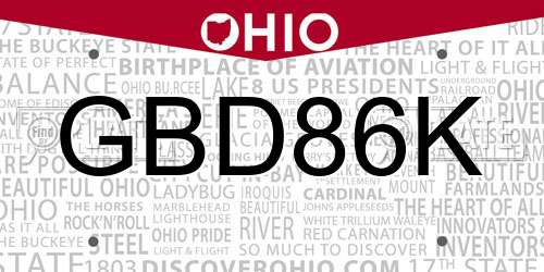 GBD86K Ohio License Plate