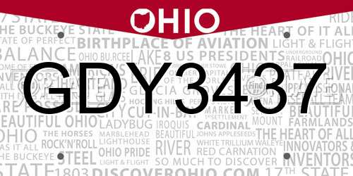 GDY3437 Ohio License Plate