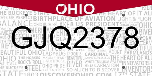 GJQ2378 Ohio License Plate