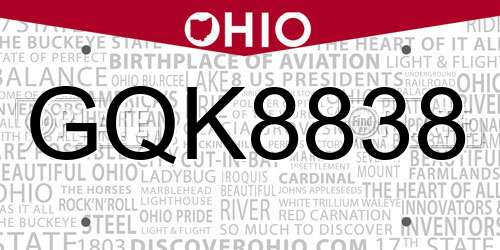 GQK8838 Ohio License Plate
