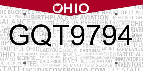 GQT9794 Ohio License Plate