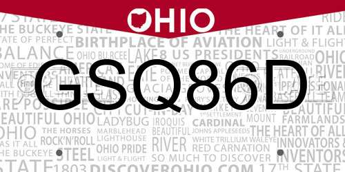 GSQ86D Ohio License Plate