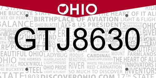 GTJ8630 Ohio License Plate