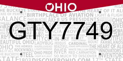 GTY7749 Ohio License Plate