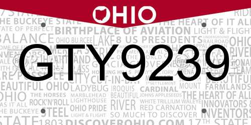 GTY9239 Ohio License Plate