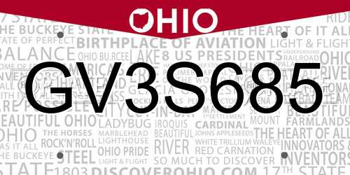GV3S685 Ohio License Plate