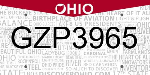 GZP3965 Ohio License Plate