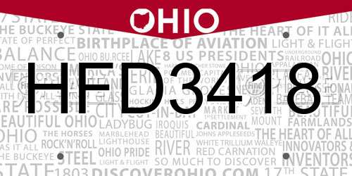 HFD3418 Ohio License Plate