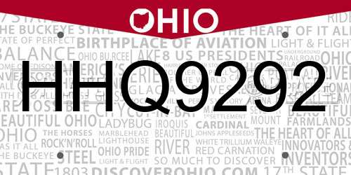 HHQ9292 Ohio License Plate