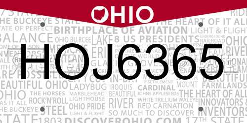HOJ6365 Ohio License Plate