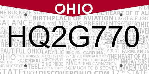 HQ2G770 Ohio License Plate