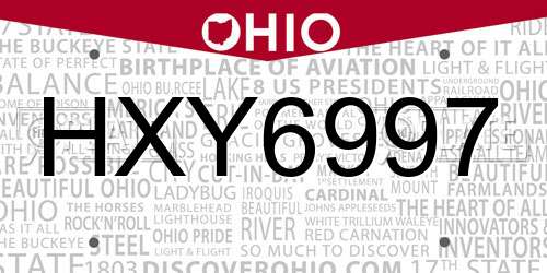 HXY6997 Ohio License Plate