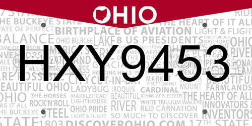 HXY9453 Ohio License Plate