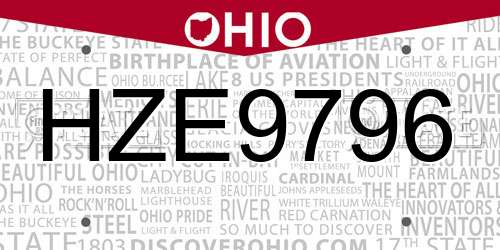 HZE9796 Ohio License Plate