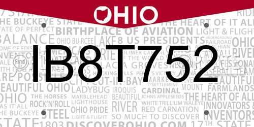 IB8T752 Ohio License Plate