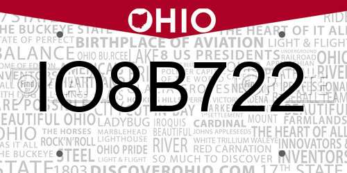 IO8B722 Ohio License Plate