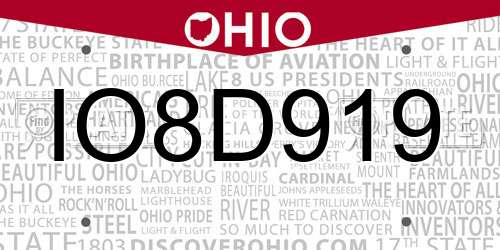 IO8D919 Ohio License Plate