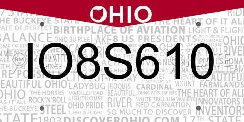 IO8S610 Ohio License Plate