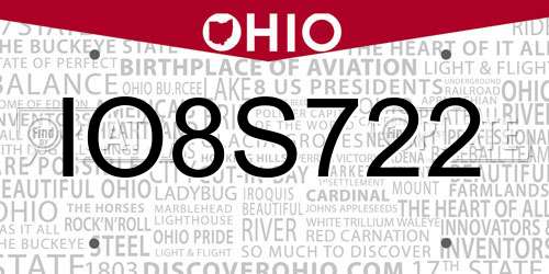 IO8S722 Ohio License Plate