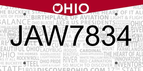JAW7834 Ohio License Plate